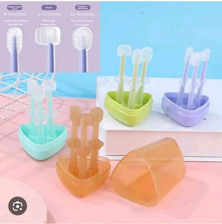 Baby Soft Bristle Toothbrush Silicone Tongue Cleaner  U-Shaped Brush, 0-18 Months 3pcs set with Box - (Color as per stock)