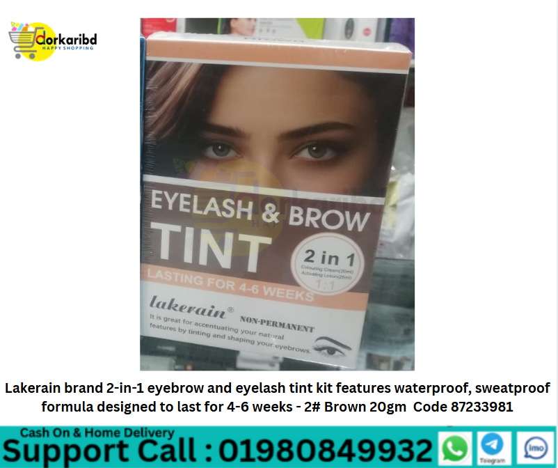 Lakerain brand 2-in-1 eyebrow and eyelash tint kit features waterproof, sweatproof formula designed to last for 4-6 weeks - 2# Brown 20gm Code 87233981