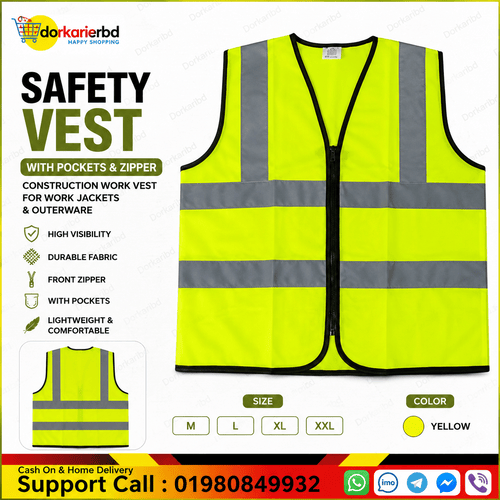 Safety Vest with NO Pocket Vest With Pockets & Zipper Construction Work Vest For Work Jackets & Outerware - Yellow Color
