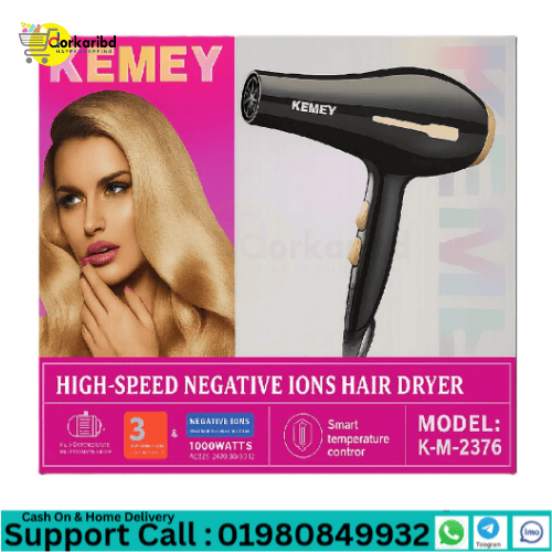 Kemey KM-2376 Powerful Professional Heavy Duty Hair Dryer 1000W (2 in 1)