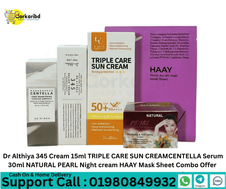 Dr Althiya 345 Cream 15ml TRIPLE CARE SUN CREAMCENTELLA Serum 30ml NATURAL PEARL Night cream HAAY Mask Sheet Combo Offer
