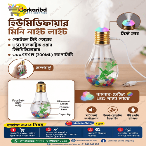 Air Humidifier Bulb With Decorative Night Light. Essential Oils Diffuser Bulb for Home Portable Mist Sprayer USB Electric Air Humidifier