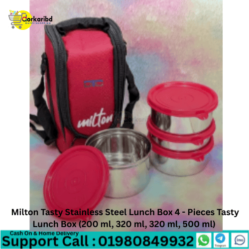 Milton Tasty Stainless Steel Lunch Box 4 - Pieces Tasty Lunch Box (200 ml, 320 ml, 320 ml, 500 ml)