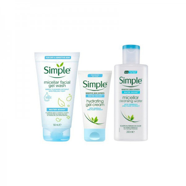 Simple Water Boost Hydrating Gel Cream 50ml, Water Boost Miceller Facial Gel Wash 150ml & Water Boost Miceller Cleansing Water 200ml Combo