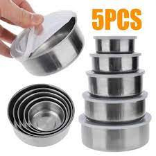 5 Pcs Stainless Steel (Lot Grain Storage Box) Refrigerator Preservation Lunch Box Home Sealed Fruit Bowls Food Container With Lid