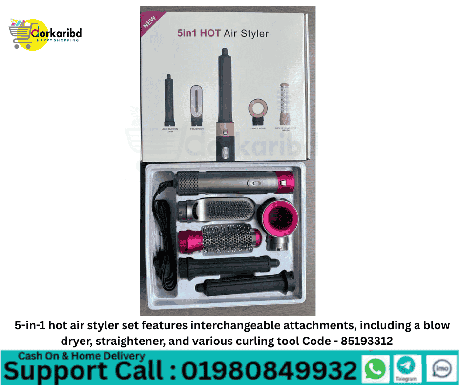 5-in-1 hot air styler set features interchangeable attachments, including a blow dryer, straightener, and various curling tool Code - 85193312