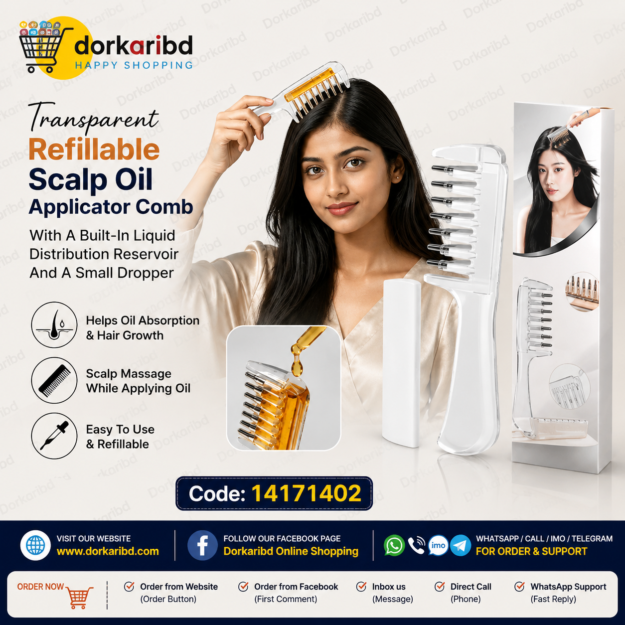 Transparent Refillable Scalp Oil Applicator Comb With A Built-In Liquid Distribution Reservoir And A Small Dropper Code 14171402