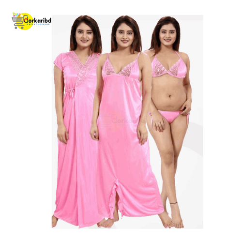 4-Part Long Solid Night Dress Set A Fashionable and Comfortable Choice for Nighttime Wardrobe Color Family- pink