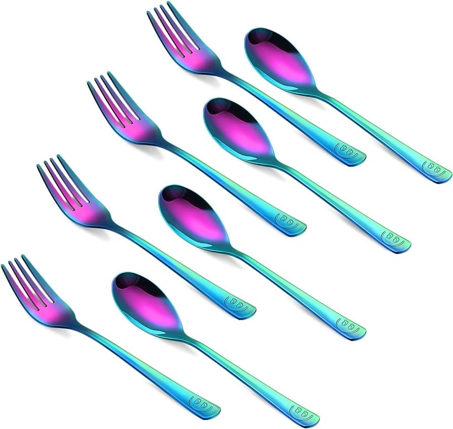 12 Pieces Spoon and Fork Set, Rainbow Kids Utensils Set, Kids Flatware Set, Includes 6 Spoon and 6 Fork with Smile Mirror Polished for Daily Use