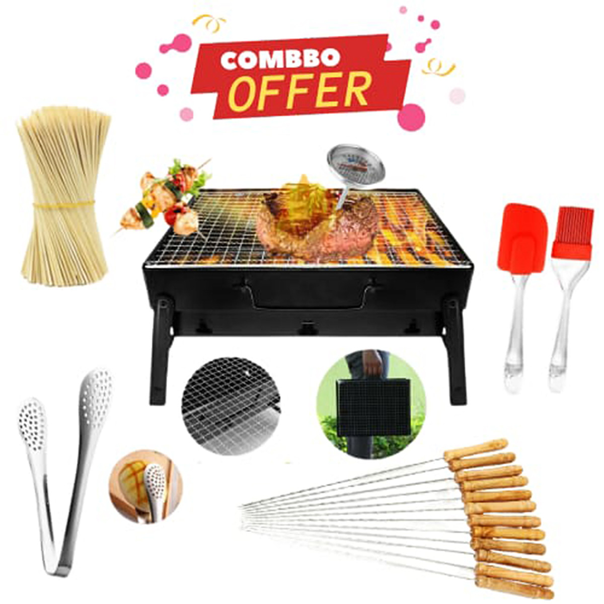 5-In-1 Combo Offer 13 inch BBQ Machine+12 Pieces BBQ Stick+2 Pieces Silicone Oil Brush+Steel Food Clip+Bamboo Shashlik Stick 8 inch 1 Pack