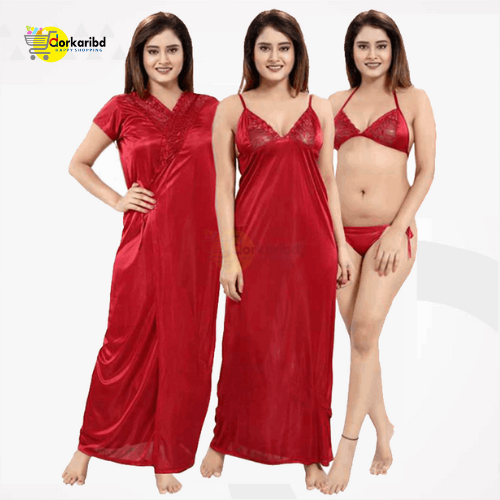 4-Part Long Solid Night Dress Set A Fashionable and Comfortable Choice for Nighttime Wardrobe Color Family- Maroon