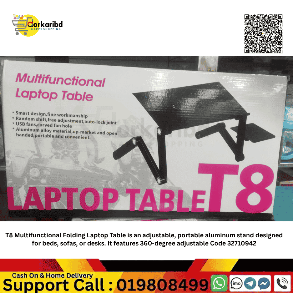 T8 Multifunctional Folding Laptop Table is an adjustable, portable aluminum stand designed for beds, sofas, or desks. It features 360-degree adjustable Code 32710942