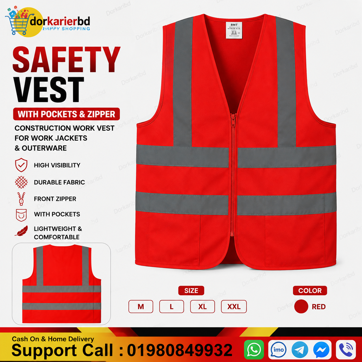 Safety Vest with NO Pocket Vest With Pockets & Zipper Construction Work Vest For Work Jackets & Outerware - Red Color