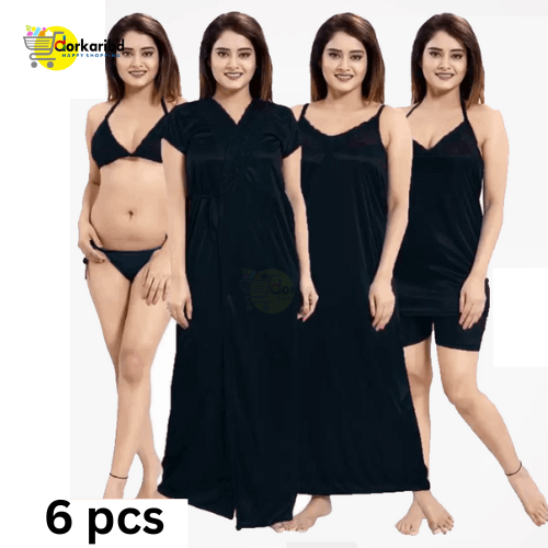 6-Part Long Solid Night Dress Set A Fashionable and Comfortable Choice for Nighttime Wardrobe Color Family - Black