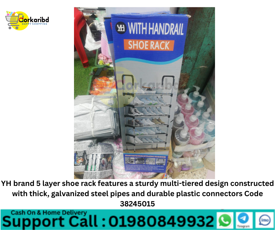 YH brand 5 layer shoe rack features a sturdy multi-tiered design constructed with thick, galvanized steel pipes and durable plastic connectors Code 38245015